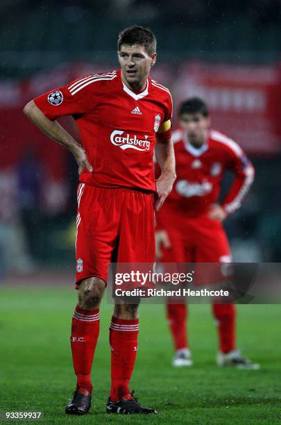 Steven Gerrard captain of Liverpool looks dejected during the UEFA Champions League group E match between Debrecen and Liverpool at the Ferenc Puskas...