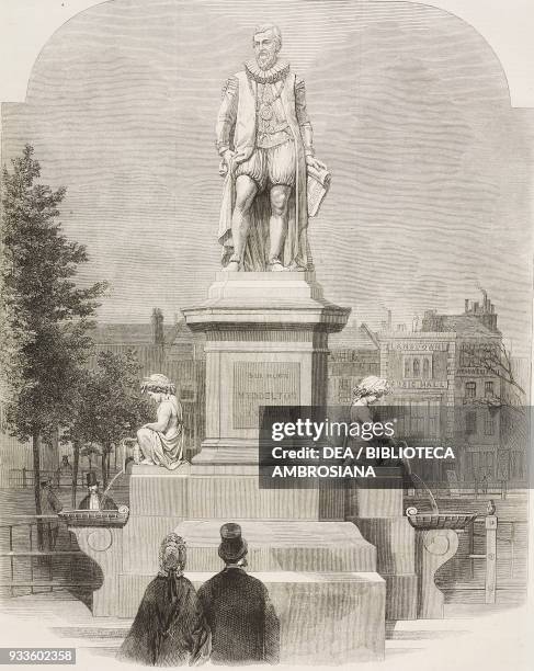 The statue of Sir Hugh Myddelton, by John Thomas, Islington Green, London, United Kingdom, illustration from the magazine The Illustrated London...