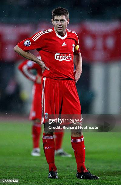 Steven Gerrard captain of Liverpool looks dejected during the UEFA Champions League group E match between Debrecen and Liverpool at the Ferenc Puskas...