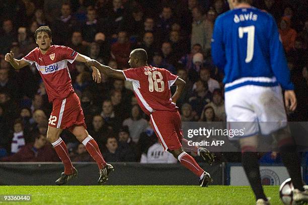 Stuttgart's Zdravko Kuzmanovic makes it 2-0 against Rangers during the UEFA Champions League football match on November 24, 2009 in Glasgow. AFP...