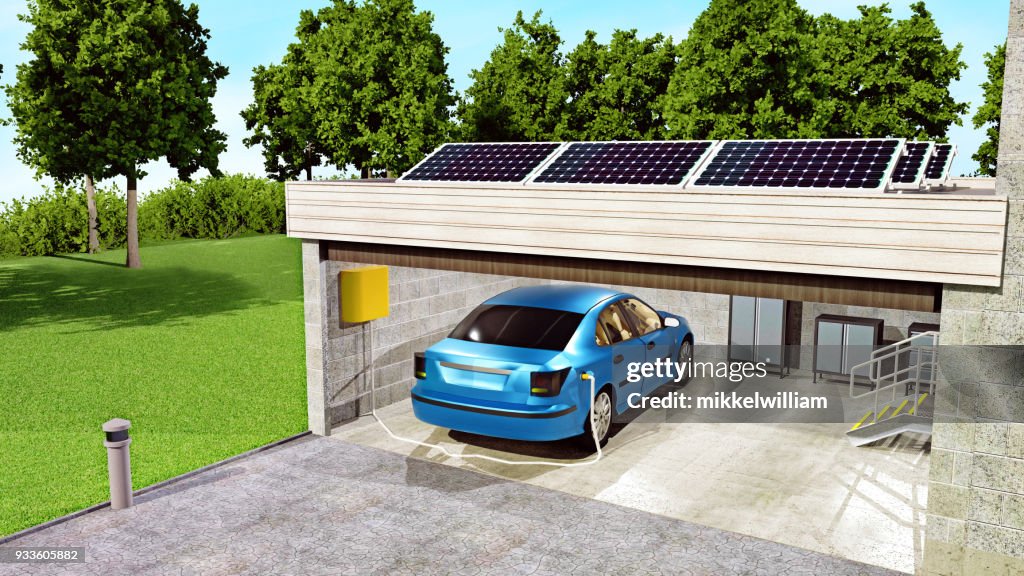 Solar panels on top of garage charge an electric car parked below