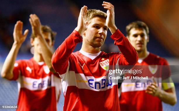 Thomas Hitzlsperger of VfB Stuttgart celebrates victory at the end of the UEFA Champions League Group G match between Rangers and VfB Stuttgart at...