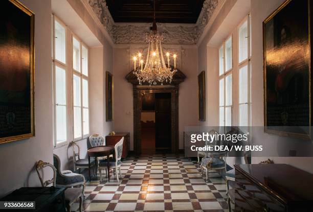 Hallway with furniture and chandelier, Salzburg Residenz, Salzburg , Austria, 16th-17th century.