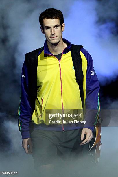 Andy Murray of Great Britain arrives during the men's singles second round match against Roger Federer of Switzerland during the Barclays ATP World...