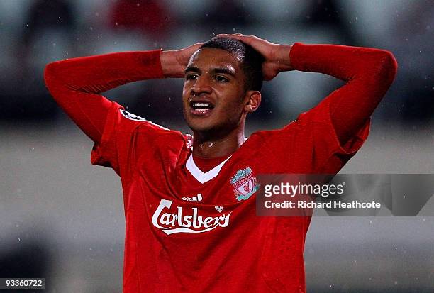 David Ngog of Liverpool looks dejected during the UEFA Champions League group E match between Debrecen and Liverpool at the Ferenc Puskas Stadium on...