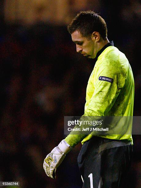 Allan McGregor of Rangers reacts after letting in a second goal during the UEFA Champions League Group G match between Rangers and VfB Stuttgart at...
