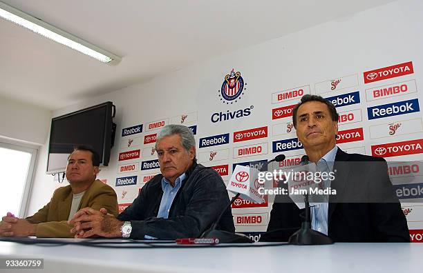 The sports director of Chivas Guadalajara Efrain Flores and club's sports president Rafael Lebrija present the club's new technical director Jose...