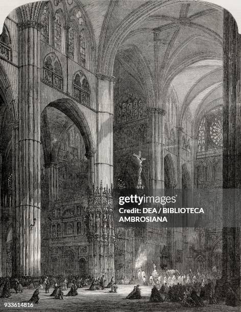 Interior of the Cathedral of Toledo, Spain, illustration from the magazine The Illustrated London News, volume XLIII, June 13, 1863.