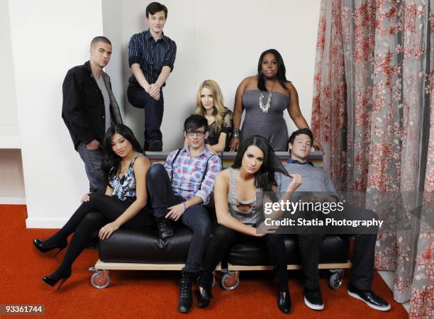 Actors from TV show Glee at a portrait session in New York on November 4, 2009. Standing: Mark Salling, Chris Cofer, Dianna Agron and Amber Riley....