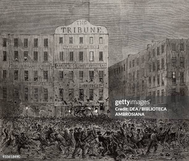 Attack of the mob on The Tribune newspaper office, New York City draft riots, United States of America, illustration from the magazine The...