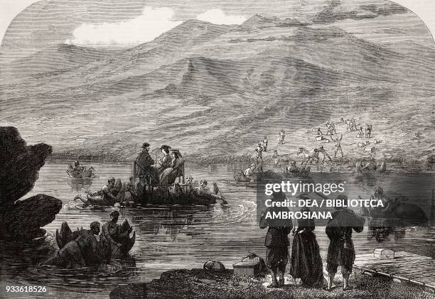 Lord Elgin and suite crossing the Beeas river on inflated bullock skin rafts , Himalaya, illustration from the magazine The Illustrated London News,...