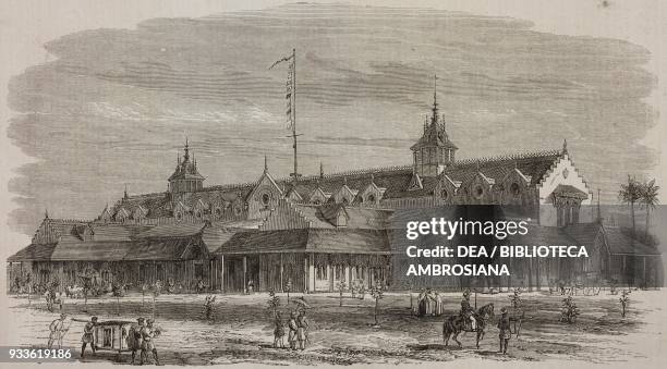 The Punjab exhibition building at Lahore, Pakistan, illustration from the magazine The Illustrated London News, volume XLIV, January 23, 1864.