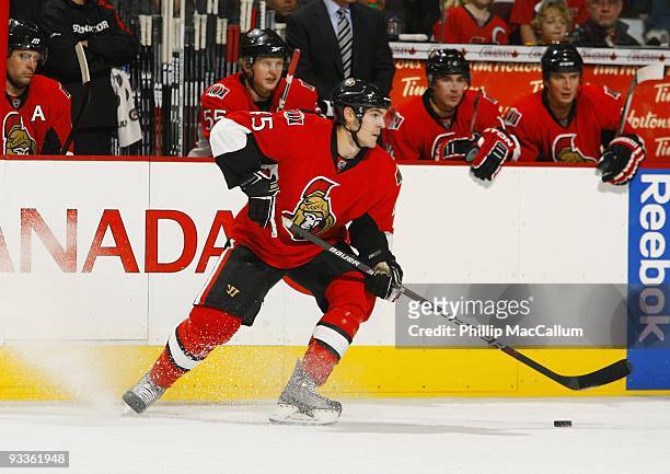 Alexandre Picard of the Ottawa Senators turns hard up ice with the puck in a game against the Washington Capitals at Scotiabank Place on November 23,...