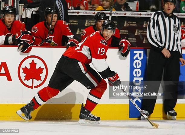 Jason Spezza of the Ottawa Senators looks back for a pass while skating up ice in a game against the Washington Capitals at Scotiabank Place on...