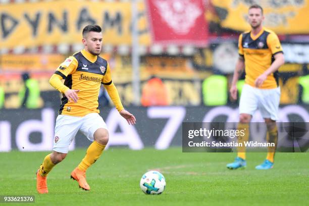 Sascha Horvath of Dresden plays the ball during the Second Bundesliga match between FC Ingolstadt 04 and SG Dynamo Dresden at Audi Sportpark on March...