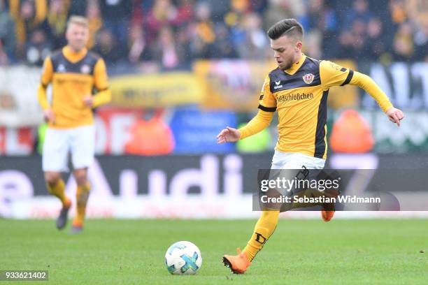 Sascha Horvath of Dresden plays the ball during the Second Bundesliga match between FC Ingolstadt 04 and SG Dynamo Dresden at Audi Sportpark on March...