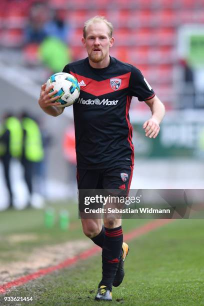 Tobias Levels of Ingolstadt holds the ball in his hand during the Second Bundesliga match between FC Ingolstadt 04 and SG Dynamo Dresden at Audi...