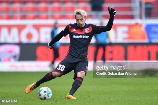 Thomas Pledl of Ingolstadt plays the ball during the Second Bundesliga match between FC Ingolstadt 04 and SG Dynamo Dresden at Audi Sportpark on...