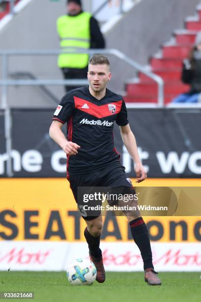 Robert Leipertz of Ingolstadt plays the ball during the Second Bundesliga match between FC Ingolstadt 04 and SG Dynamo Dresden at Audi Sportpark on...