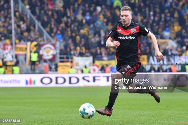 Tobias Levels of Ingolstadt plays the ball during the Second Bundesliga match between FC Ingolstadt 04 and SG Dynamo Dresden at Audi Sportpark on...