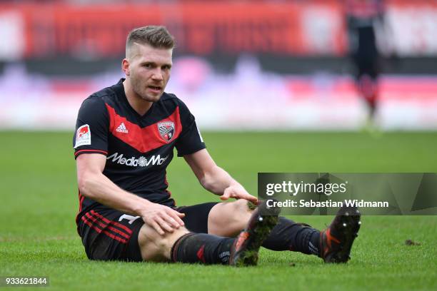 Robert Leipertz of Ingolstadt sits on the pitch during the Second Bundesliga match between FC Ingolstadt 04 and SG Dynamo Dresden at Audi Sportpark...