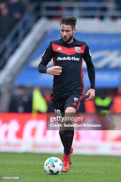 Christian Traesch of Ingolstadt plays the ball during the Second Bundesliga match between FC Ingolstadt 04 and SG Dynamo Dresden at Audi Sportpark on...