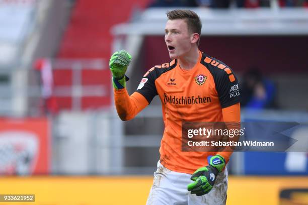 Goalkeeper Markus Schubert of Dresden gestures during the Second Bundesliga match between FC Ingolstadt 04 and SG Dynamo Dresden at Audi Sportpark on...