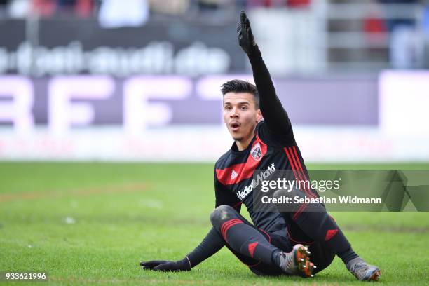 Alfredo Morales of Ingolstadt gestures during the Second Bundesliga match between FC Ingolstadt 04 and SG Dynamo Dresden at Audi Sportpark on March...