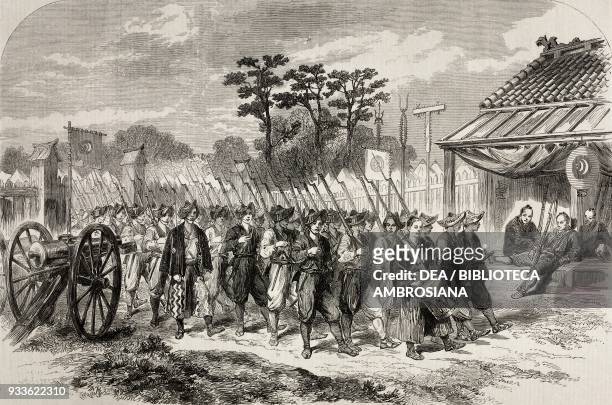 Japanese soldiers marching, Japan, illustration from the magazine The Illustrated London News, volume XLIV, October 8, 1864.