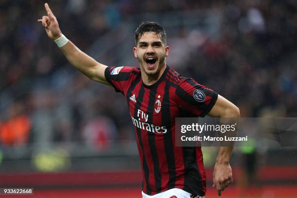 Andre Silva of AC Milan celebrates his goal during the serie A match between AC Milan and AC Chievo Verona at Stadio Giuseppe Meazza on March 18,...