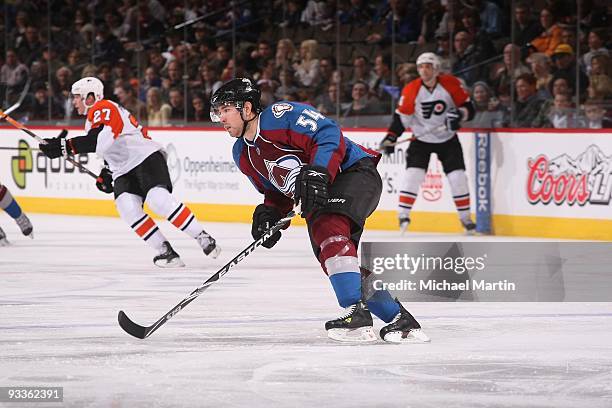 David Jones of the Colorado Avalanche skates against the Philadelphia Flyers at the Pepsi Center on November 23, 2009 in Denver, Colorado. The...