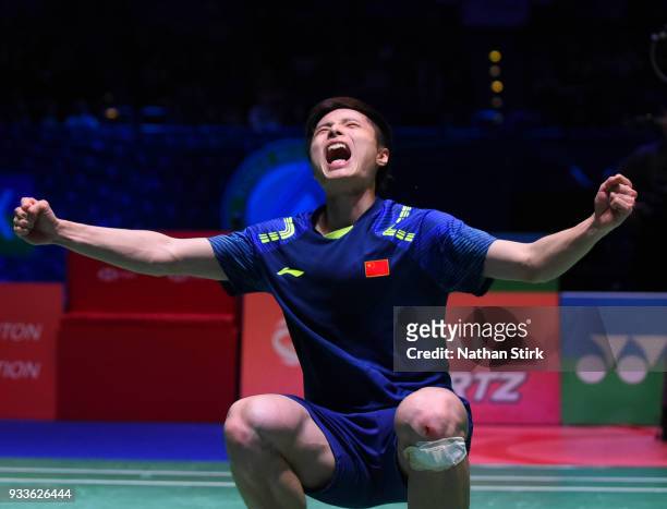 Shi Yuqi of China celebrates after beating Lin Dan of China in the men's singles final on day five of the Yonex All England Open Badminton...