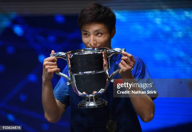 Shi Yuqi of China celebrates after beating Lin Dan of China in the men's singles final on day five of the Yonex All England Open Badminton...