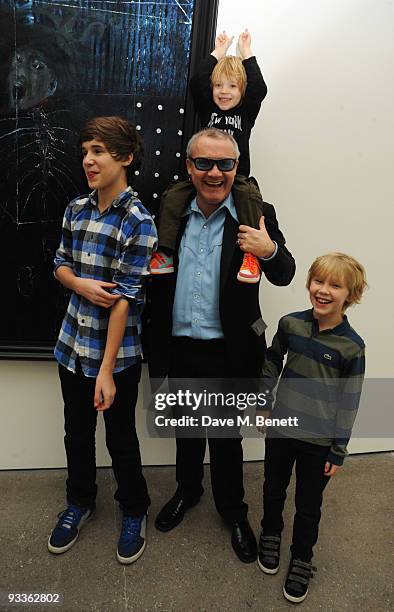 Damien Hirst and his sons attend the private view of his latest exhibition 'Nothing Matters', at the White Cube Gallery on November 24, 2009 in...