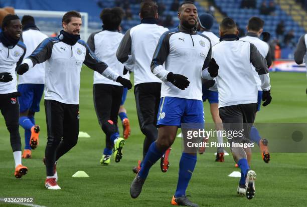 Wes Morgan and Adrien Silva of Leicester City before the FA Cup Sixth round match between Leicester City and Chelsea at The King Power Stadium on...