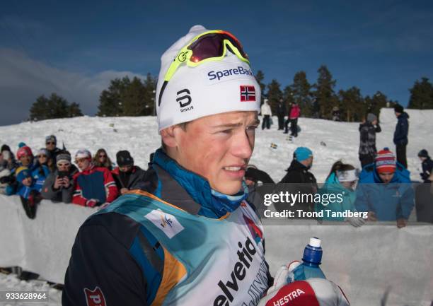 Johannes Hoesflot Klaebo of Norway after FIS WC Men 15.0 km Pursuit Free at Lugnet Stadium on March 18, 2018 in Falun, Sweden.