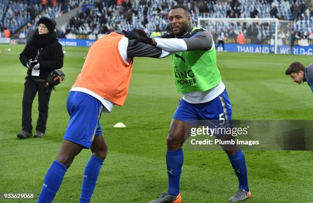 Wes Morgan of Leicester City before the FA Cup Sixth round match between Leicester City and Chelsea at The King Power Stadium on March 18th, 2018 in...