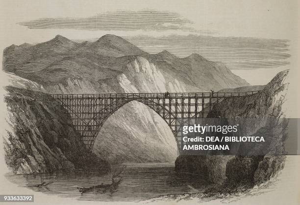 Timber Bridge over the River Wai-Au-Ua, Province of Nelson, New Zealand, illustration from the magazine The Illustrated London News, volume XLIV,...