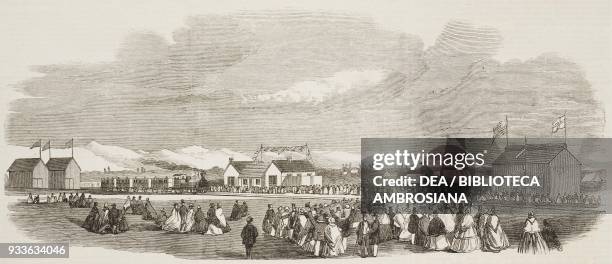 Opening of the first railway in New Zealand, at Christchurch, Canterbury Province, illustration from the magazine The Illustrated London News, volume...