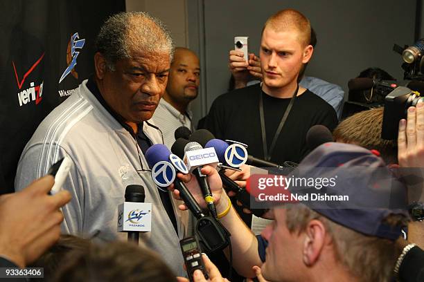 Hall of Famer Wes Unseld speaks with reporters about the death of Wizards owner Abe Pollin before the Washington Wizards game against the...