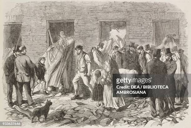Conveying the dead to the receiving house, Malin Bridge, flood at Sheffield, England, United Kingdom, illustration from the magazine The Illustrated...