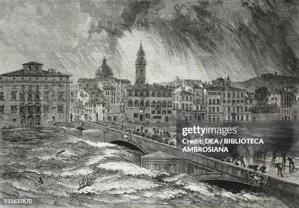 The flood of the Arno river November 6 Florence, Italy, illustration from the magazine The Illustrated London News, volume XLV, December 10, 1864.