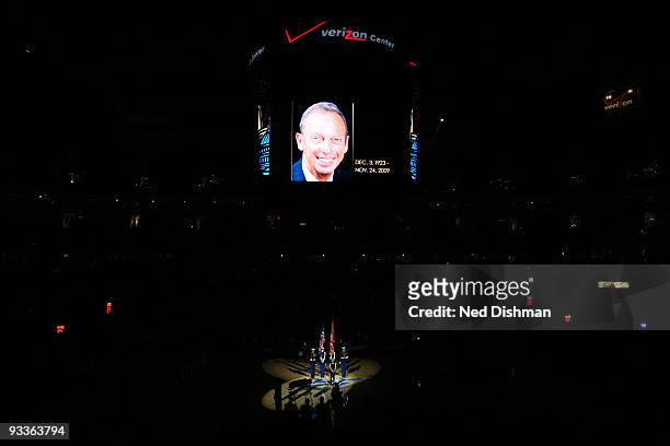 Picture of Abe Pollin the Washington Wizards owner who passed away today is displayed on the score board at center court before the Washington...