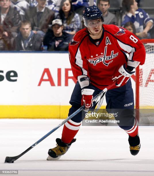 Alex Ovechkin of the Washington Capitals carries the puck during game action against the Toronto Maple Leafs November 21, 2009 at the Air Canada...