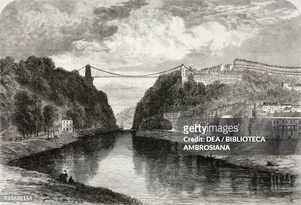 The suspension bridge over the Avon River, Clifton, United Kingdom, illustration from the magazine The Illustrated London News, volume XLV, December...