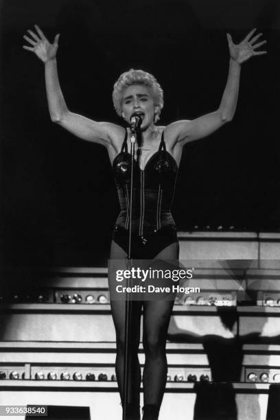 Pop singer Madonna performs during her 'Who's That Girl' tour in Tokyo, Japan in 1987.