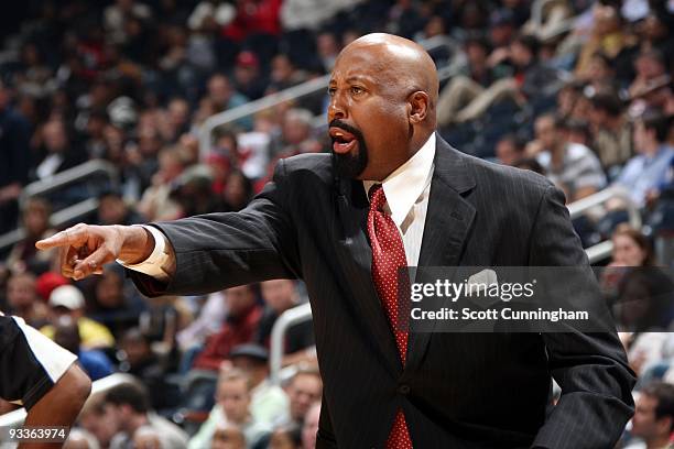 Head coach Mike Woodson of the Atlanta Hawks points from the sideline during the game against the Houston Rockets at Philips Arena on November 20,...