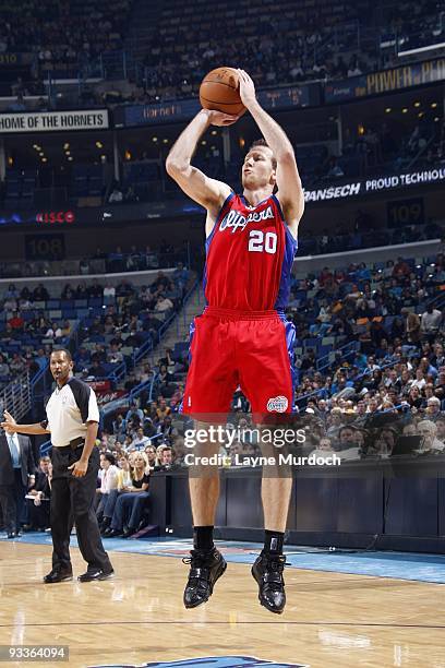 Steve Novak of the Los Angeles Clippers shoots a jump shot during the game against the New Orleans Hornets at New Orleans Arena on November 17, 2009...