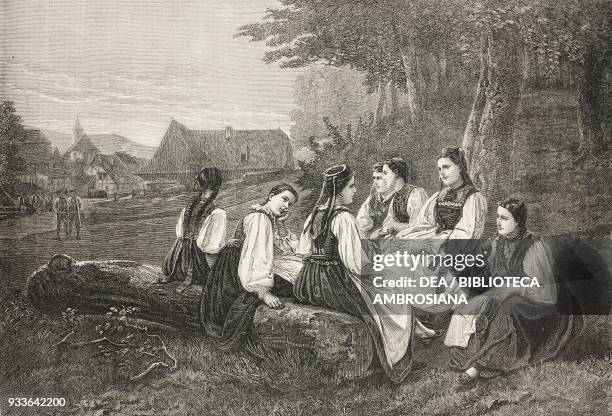 Sunday evening in a Suabian village, girls in traditional costume, engraving from a painting by Benjamin Vautier , illustration from the magazine The...