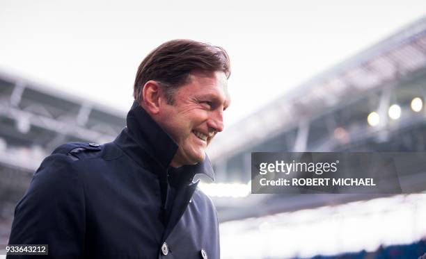Leipzig's Austrian head coach Ralph Hasenhuettl looks on prior to the German first division Bundesliga football match between RB Leipzig and FC...